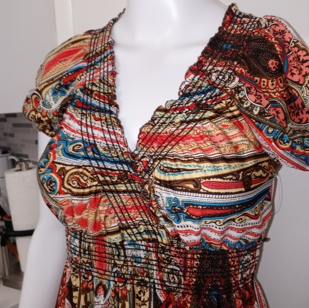 LAPAGEE PAISLEY LONGLINE CROSSOVER V NECK SMOCKED WAIST PRAIRIE STYLE DRESS M - Picture 3 of 15